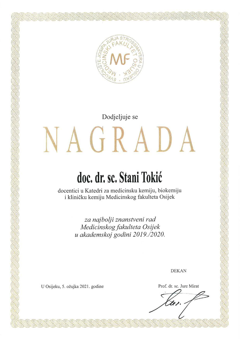 Nagrada za najbolji znanstveni rad Medicinskog fakulteta Osijek u šk.god. 2019/2020.